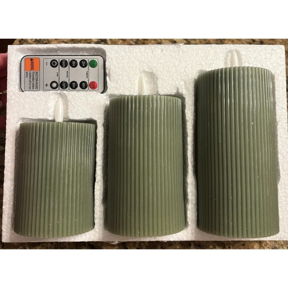 Set of 3 Loden Green Ribbed LED Candles – Flameless, Remote, Battery Operated